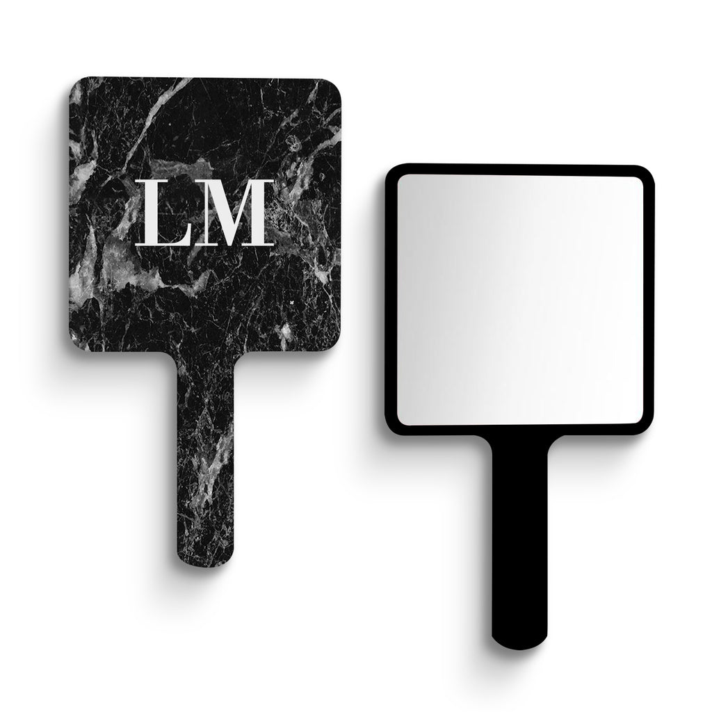 Personalised Black Stone Marble Initials Handheld Makeup Mirror