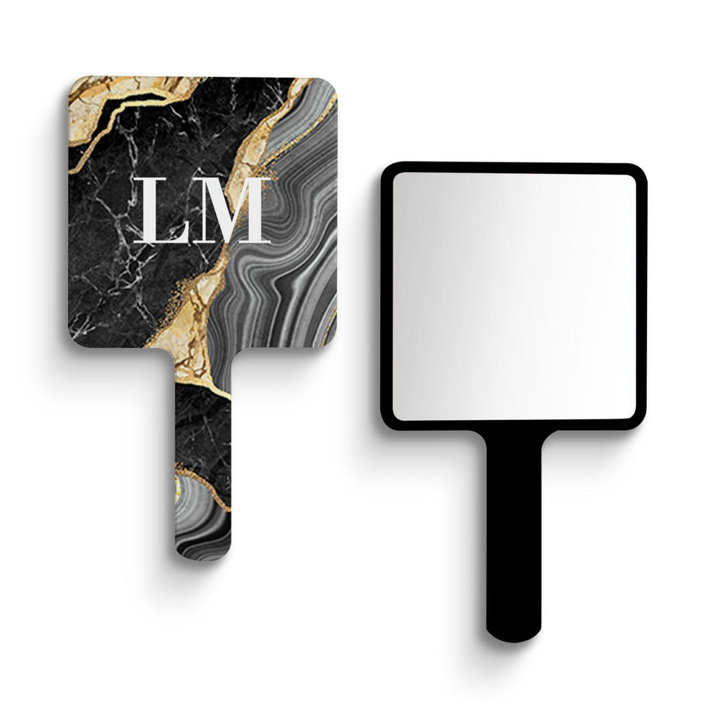Personalised Black and Gold Marble Initials Handheld Makeup Mirror