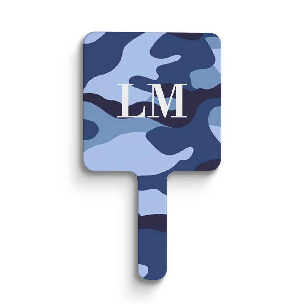 Personalised Cobalt Blue Camouflage Initials Handheld Makeup Mirror