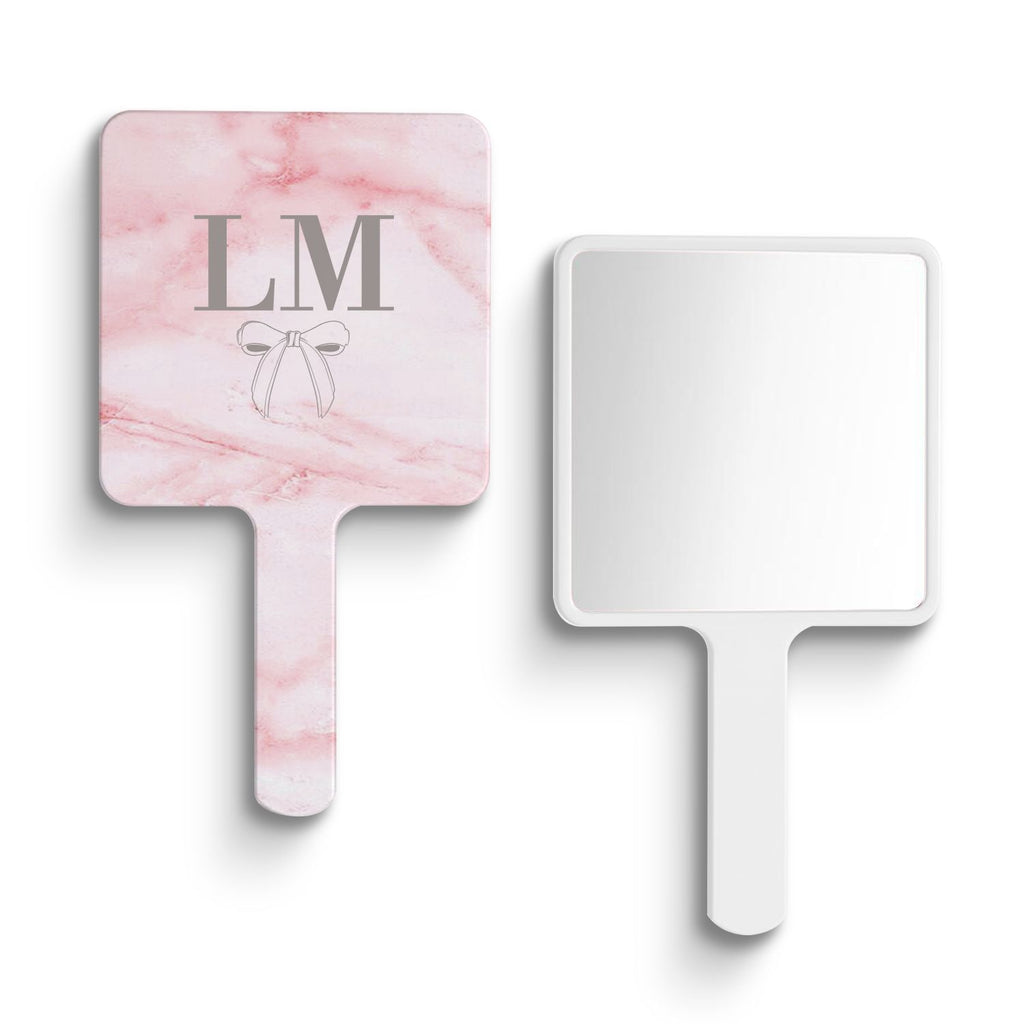 Personalised Cotton Candy Bow Marble Initials Handheld Makeup Mirror