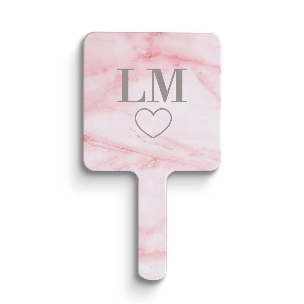 Personalised Cotton Candy Heart Marble Initials Handheld Makeup Mirror