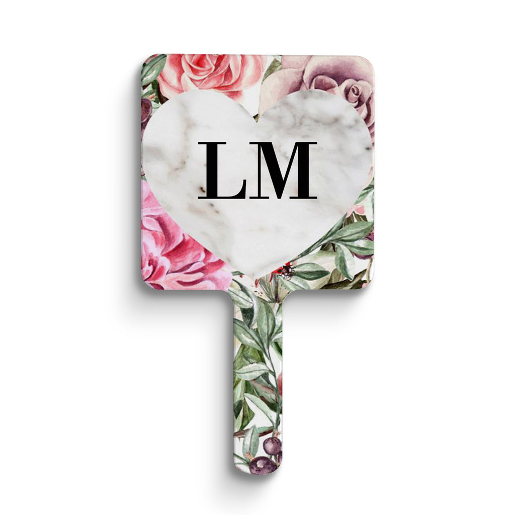 Personalised Floral Marble Heart Initials Handheld Makeup Mirror