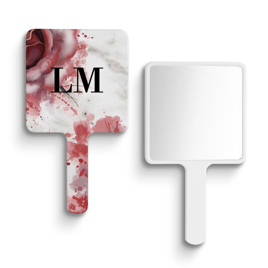 Personalised Floral Rose x White Marble Initials Initials Handheld Makeup Mirror