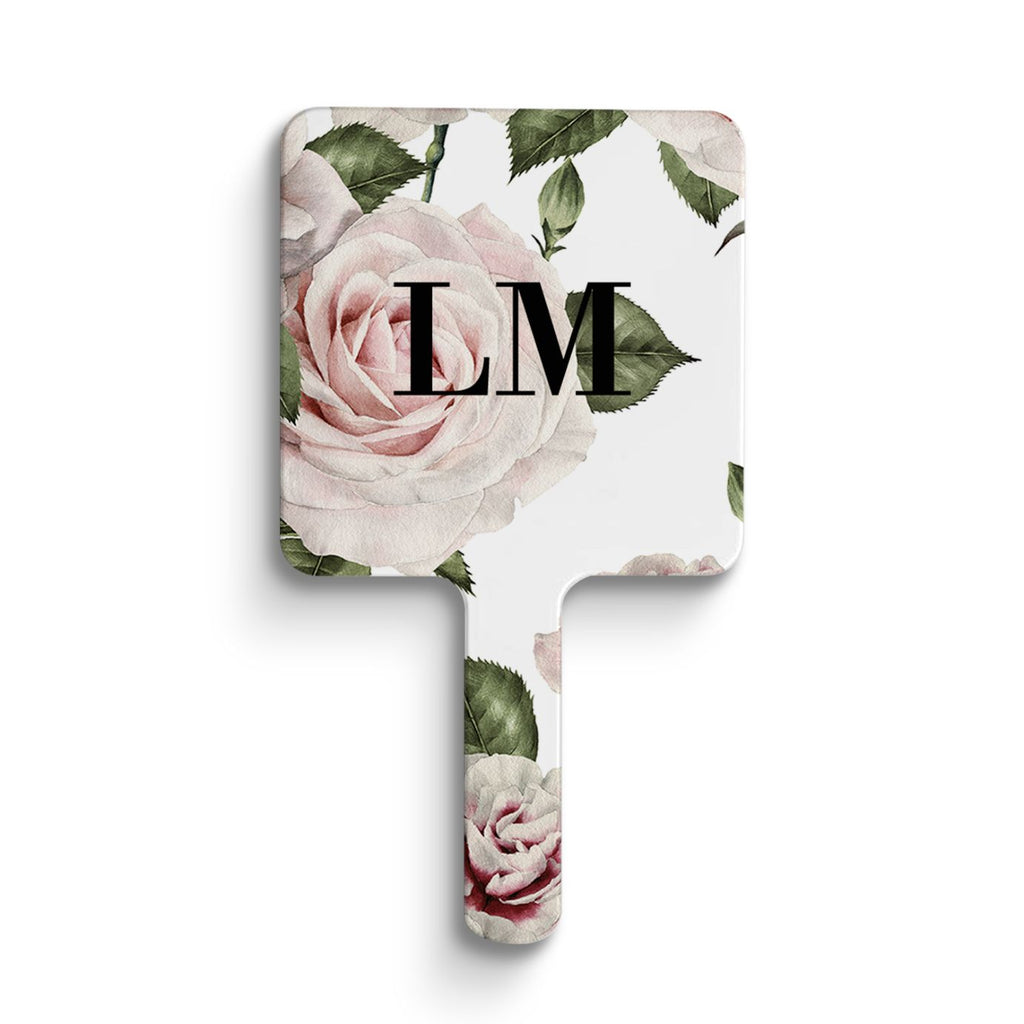 Personalised White Floral Rose Initials Handheld Makeup Mirror