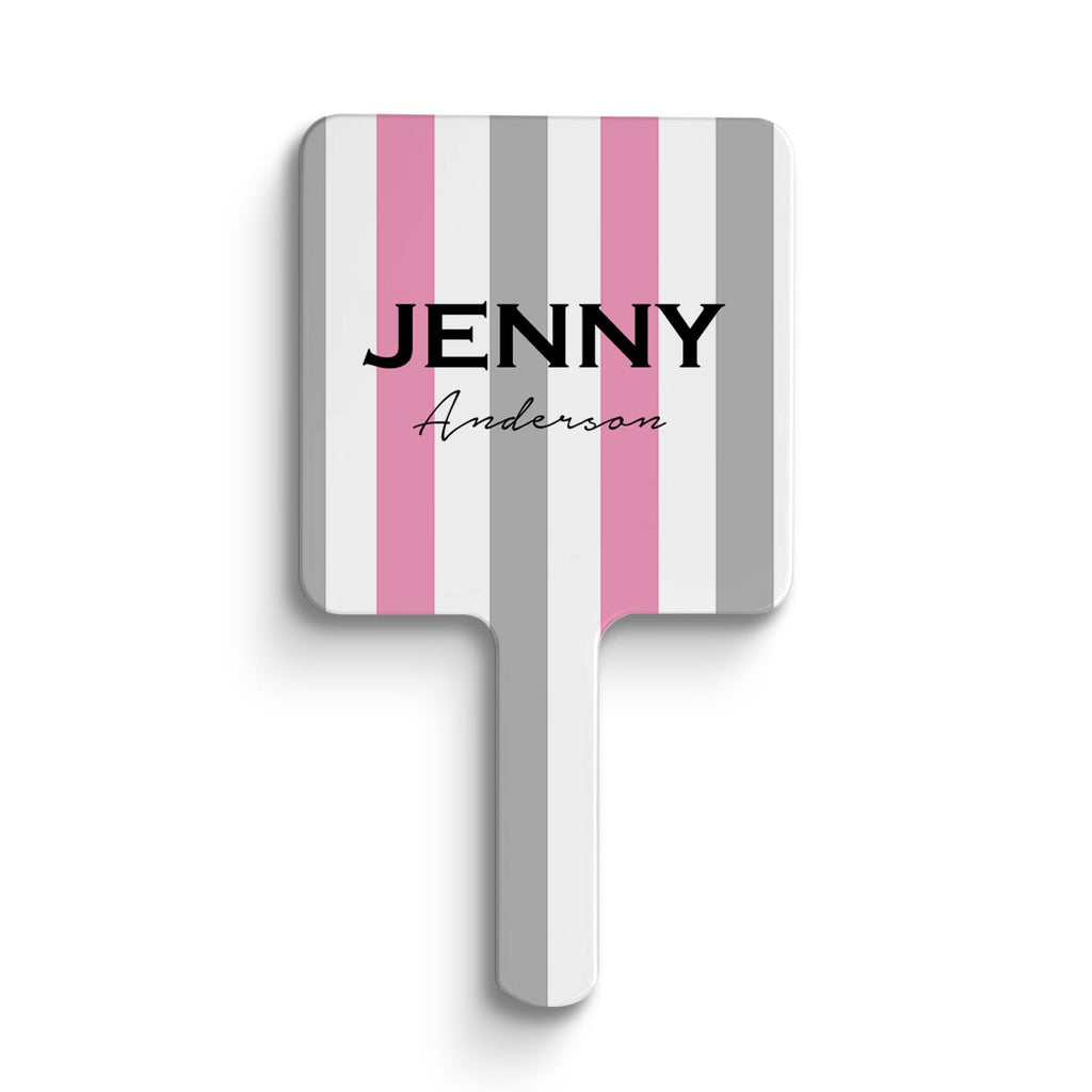 Personalised Grey x Pink Stripes Name Handheld Makeup Mirror