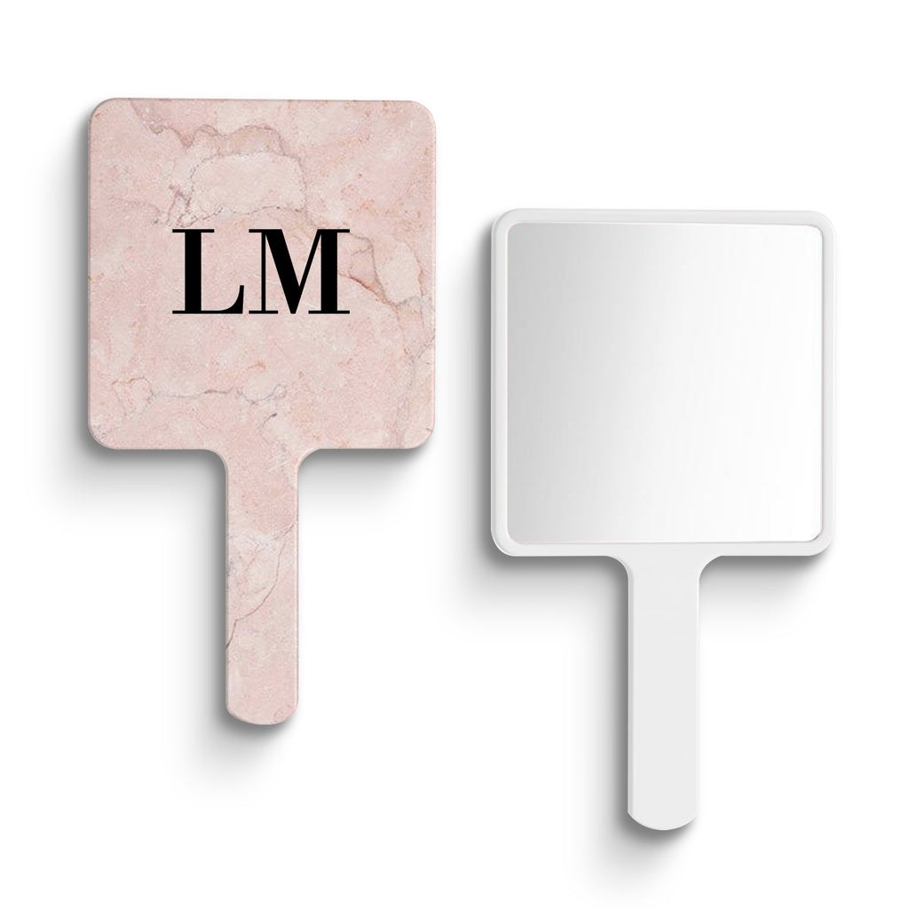 Personalised Pink Marble Initials Handheld Makeup Mirror