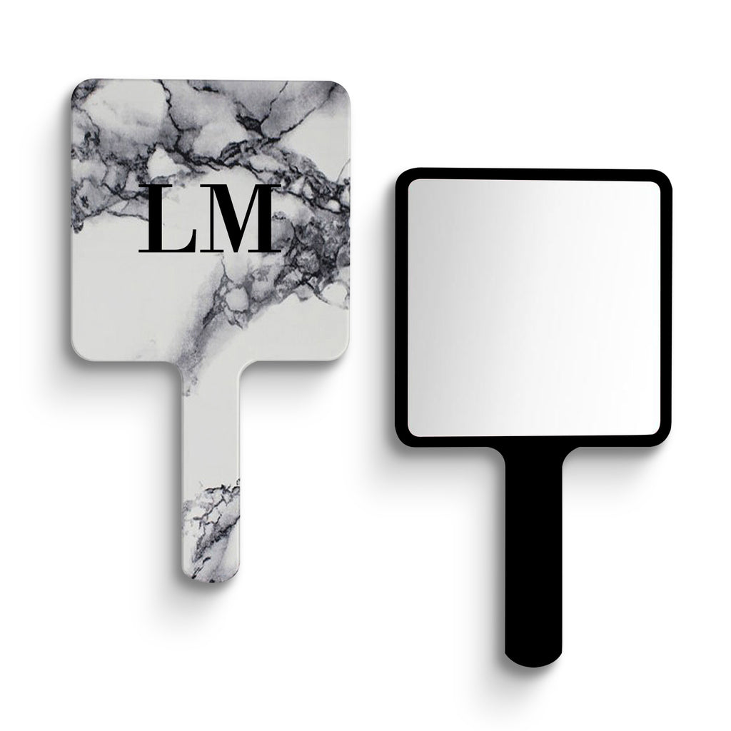 Personalised White x Black Marble Initials Handheld Makeup Mirror