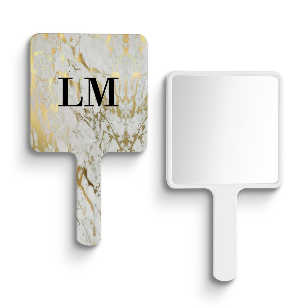 Personalised White x Gold Marble Initials Handheld Makeup Mirror