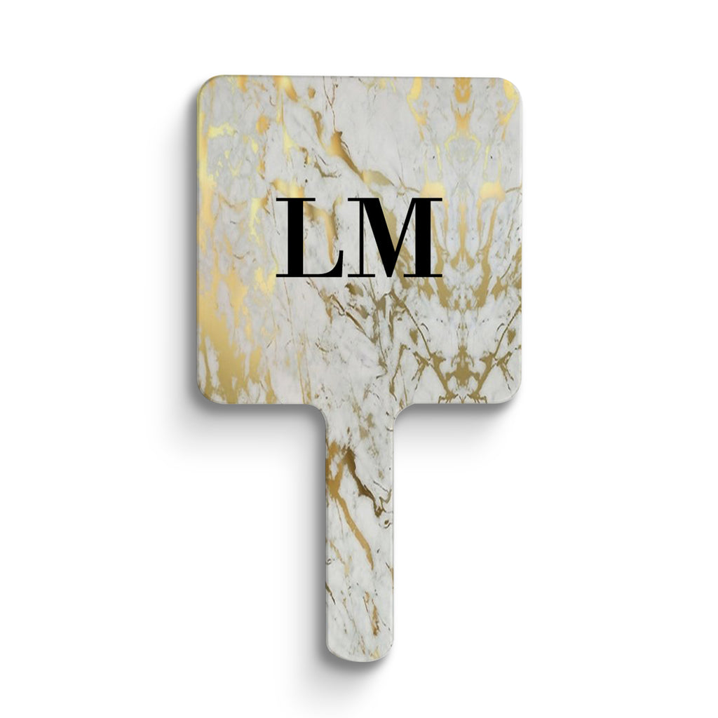 Personalised White x Gold Marble Initials Handheld Makeup Mirror