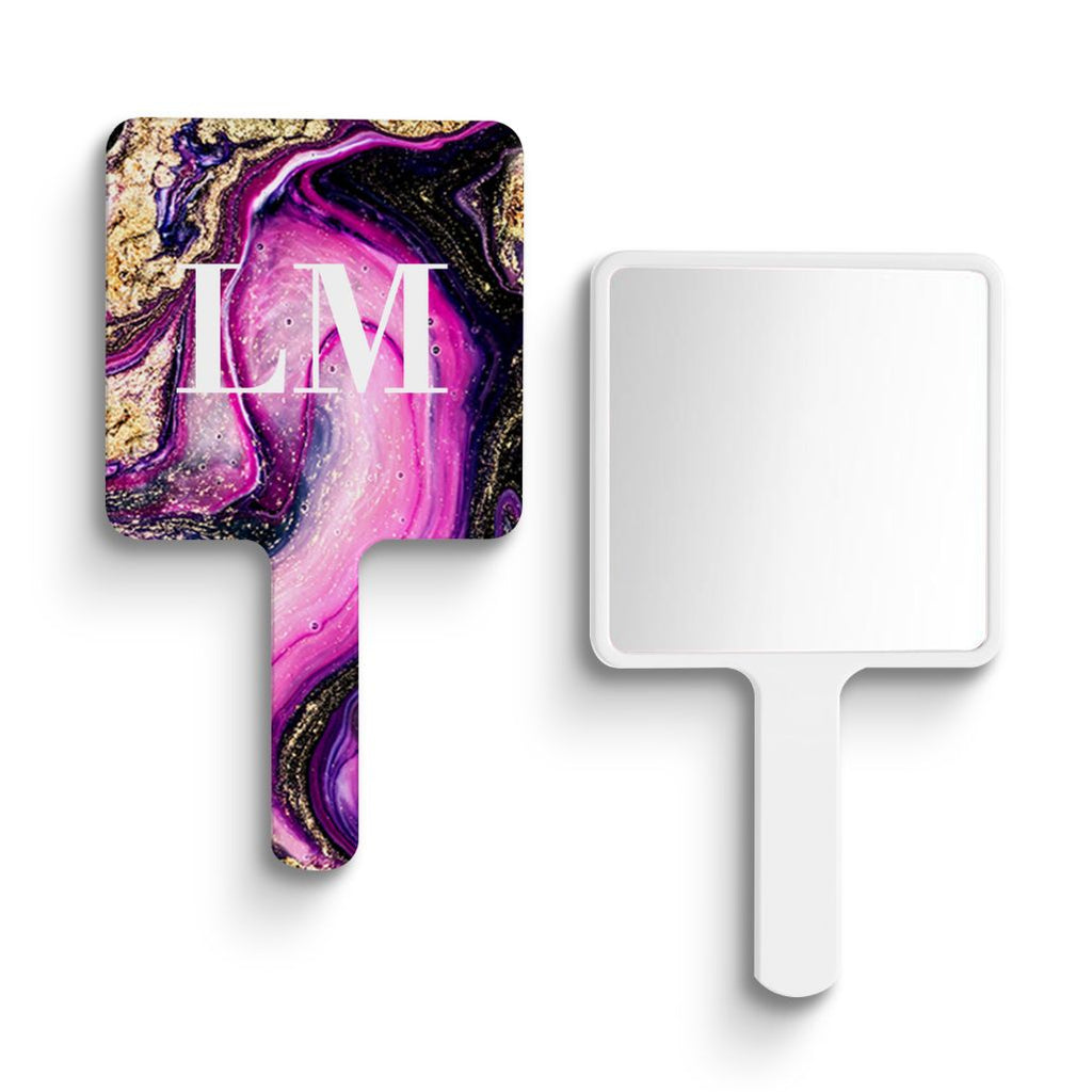 Personalised Purple Swirl Marble Initials Handheld Makeup Mirror