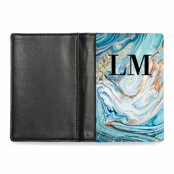 Personalised Blue Emerald Marble Initials Passport Cover