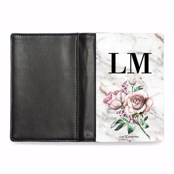 Personalised Floral Rose x Marble Initials Passport Cover