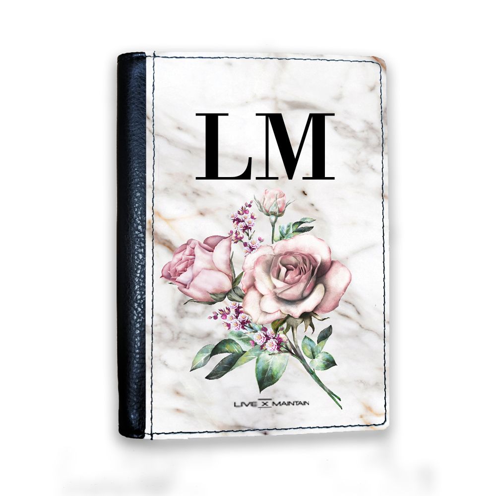 Personalised Floral Rose x Marble Initials Passport Cover