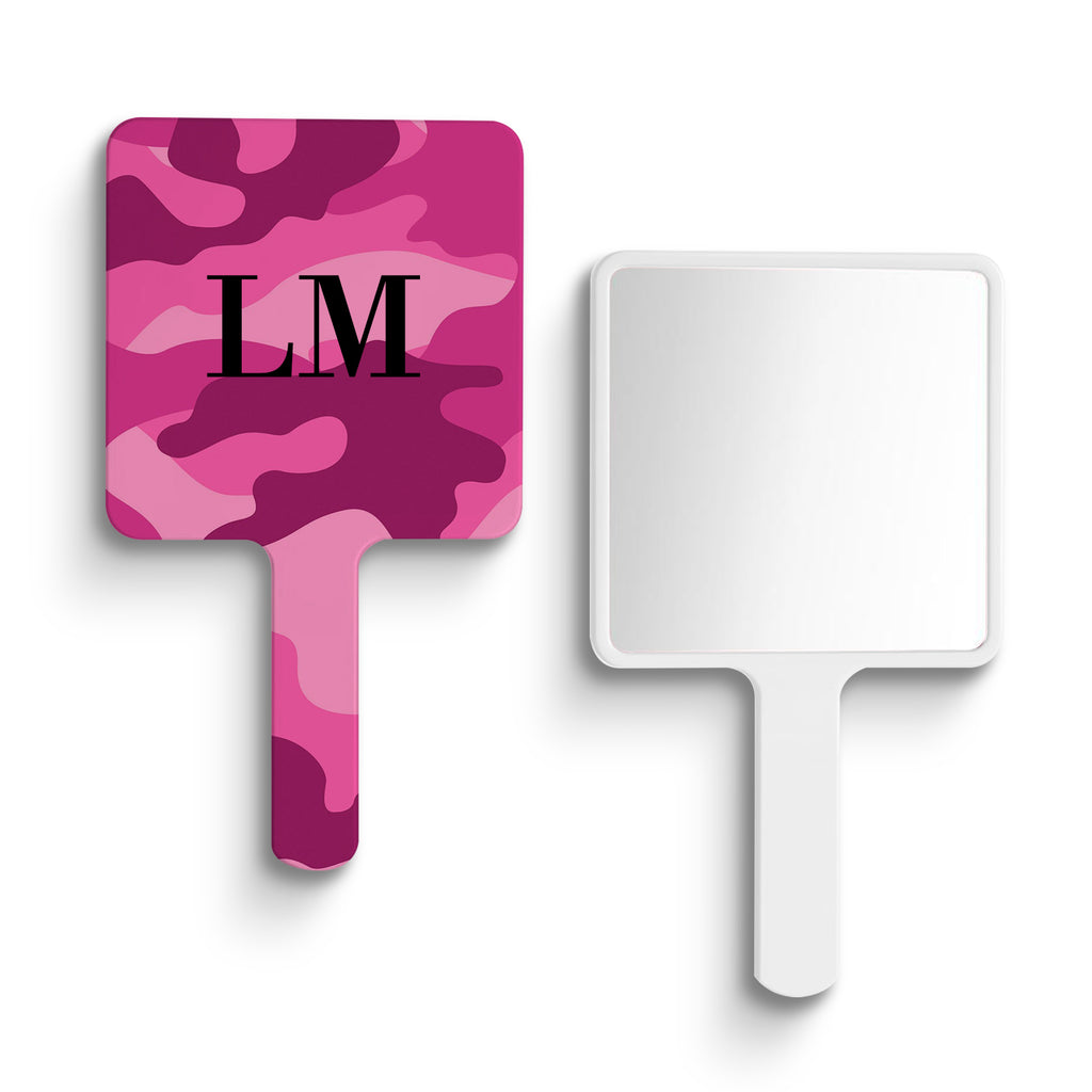 Personalised Hot Pink Camouflage Initials Handheld Makeup Mirror