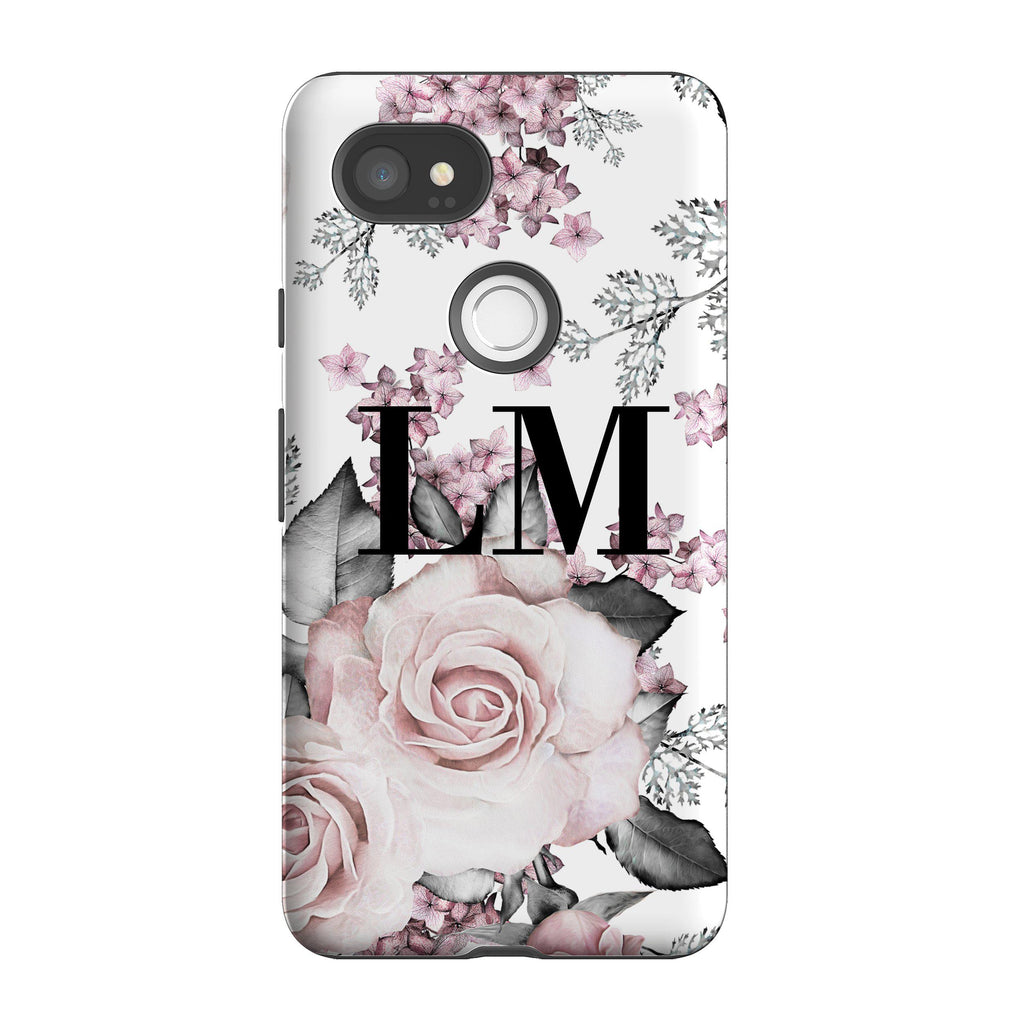 Personalised Pink Floral Rose Initials Google Pixel 2 XL Case
