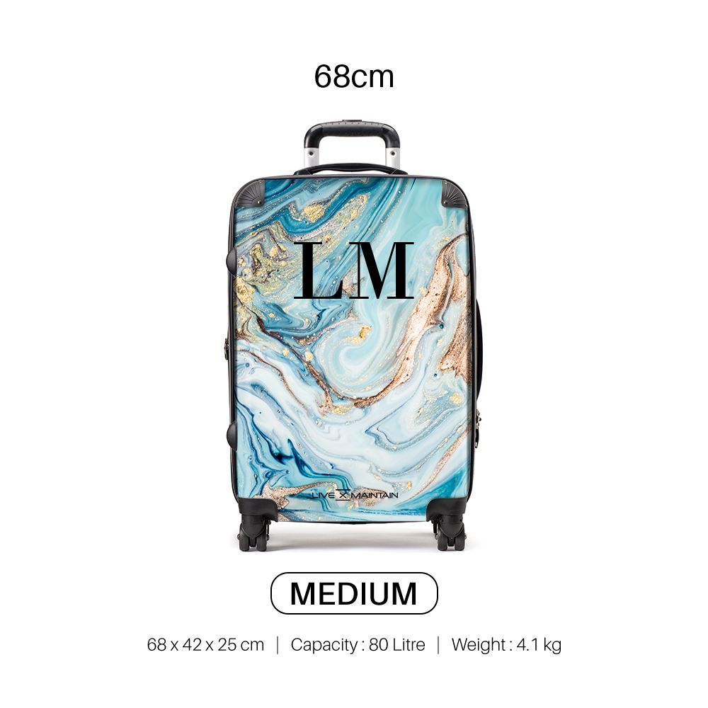 Personalised Blue Emerald Marble Initials Suitcase