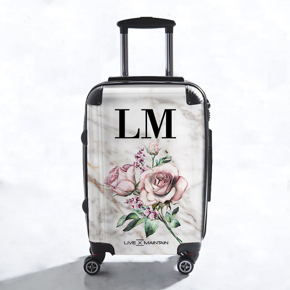 Personalised Floral Rose x Marble Initials Suitcase