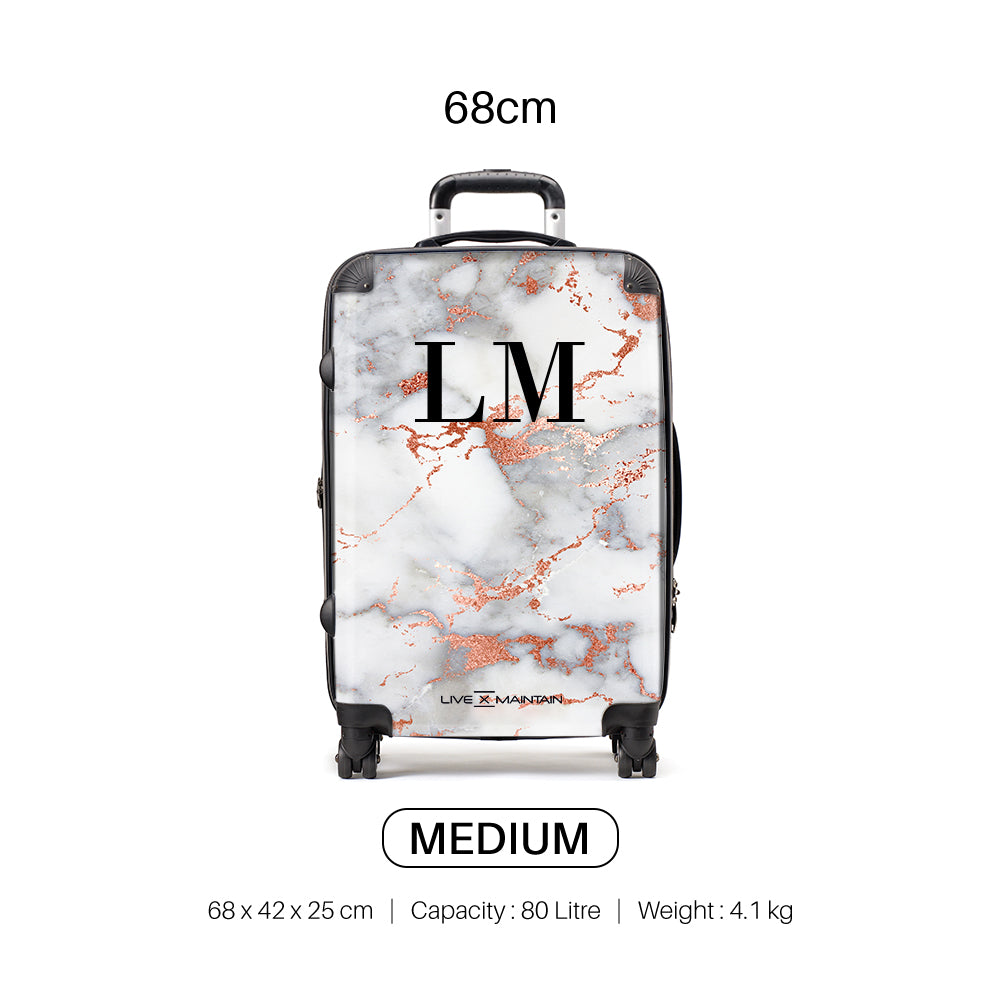 Personalised White x Rose Gold Marble Suitcase LIVE x MAINTAIN