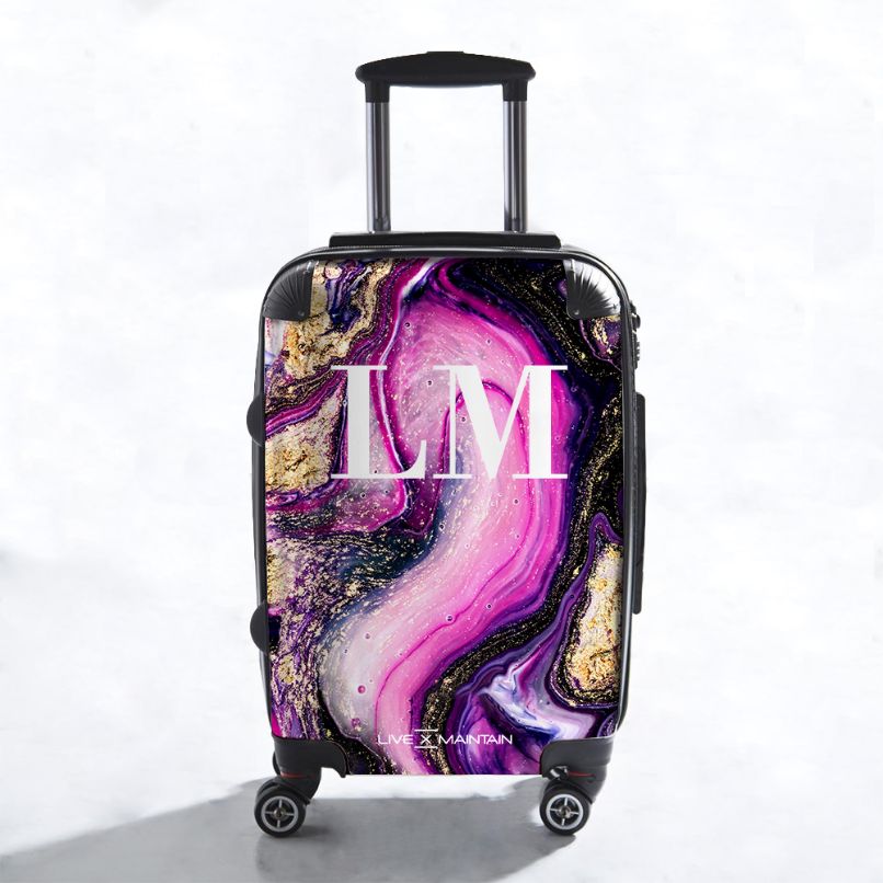 Personalised Purple Swirl Marble Initials Suitcase