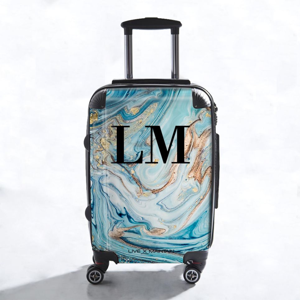 Personalised Blue Emerald Marble Initials Suitcase