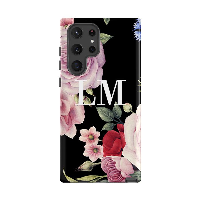 Personalised Black Floral Blossom Initials Samsung Galaxy S22 Ultra Case