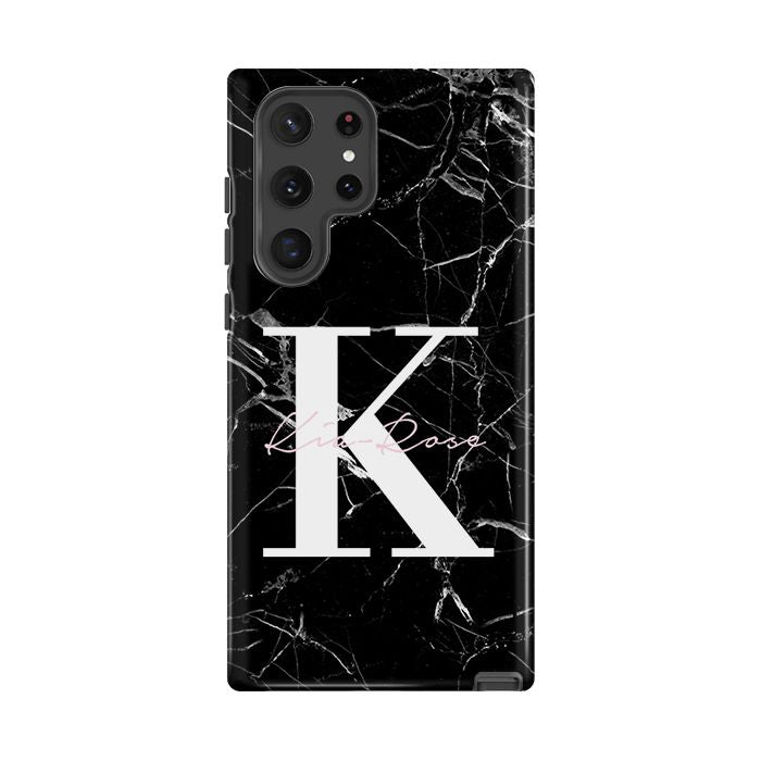 Personalised Black Marble Name Initials Samsung Galaxy S22 Ultra Case
