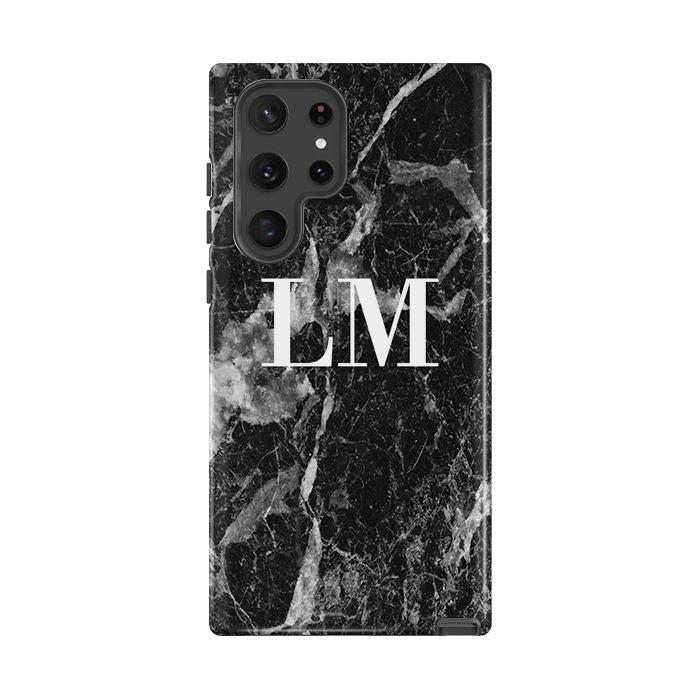 Personalised Black Stone Marble Initials Samsung Galaxy S22 Ultra Case