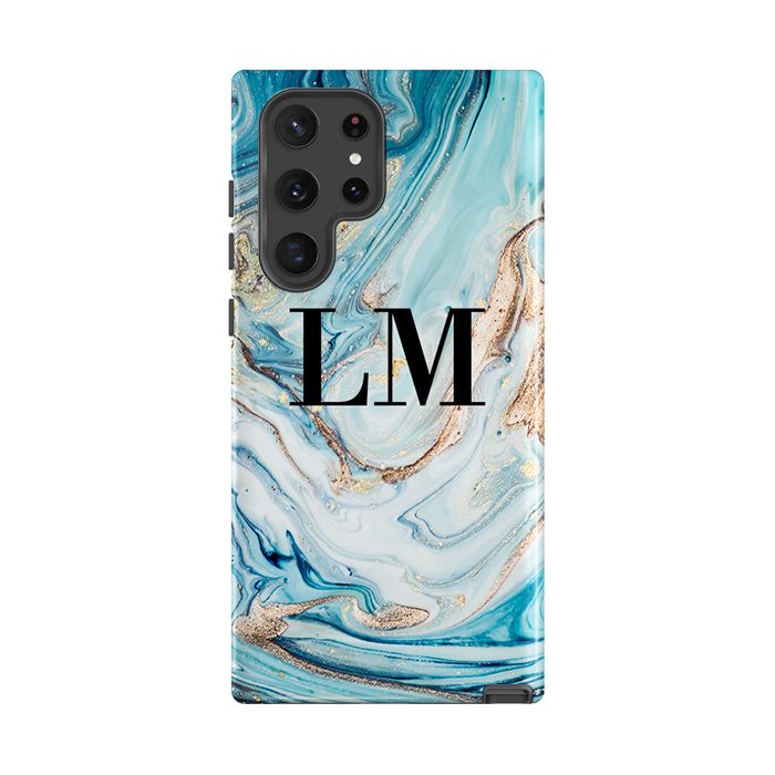 Personalised Blue Emerald Marble Initials Samsung Galaxy S22 Ultra Case