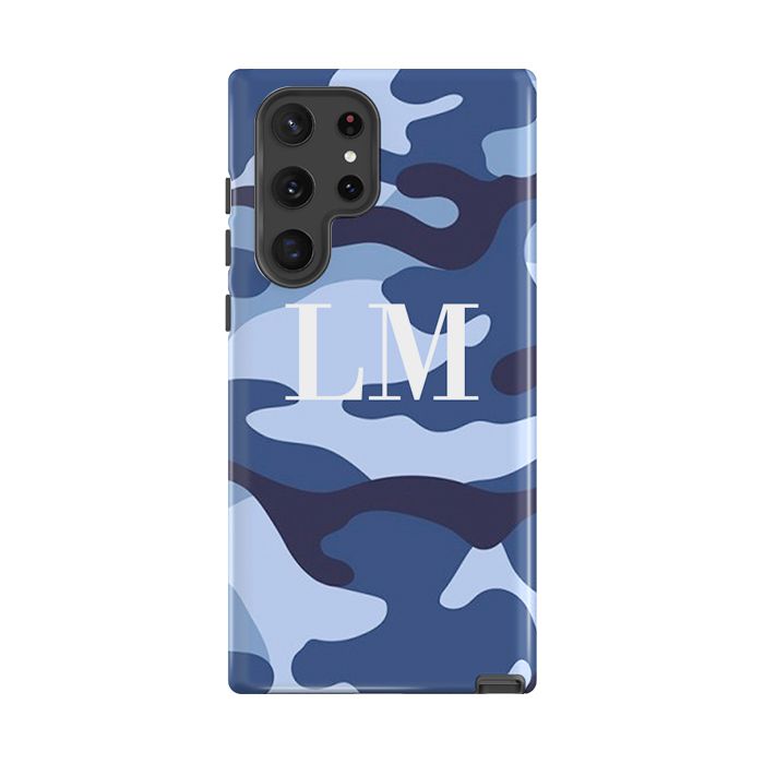 Personalised Cobalt Blue Camouflage Initials Samsung Galaxy S22 Ultra Case