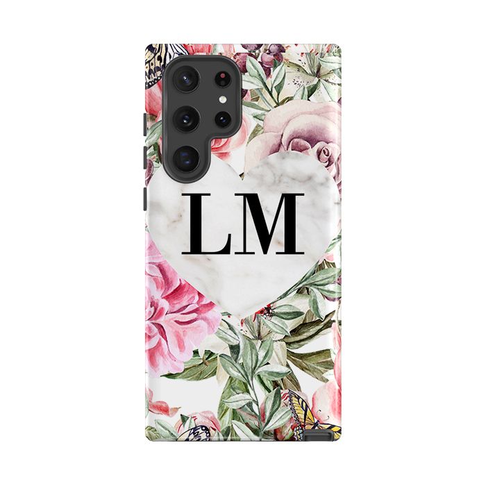 Personalised Floral Marble Heart Initials Samsung Galaxy S22 Ultra Case