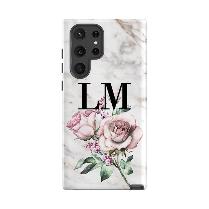 Personalised Floral Rose x Marble Initials Samsung Galaxy S22 Ultra Case
