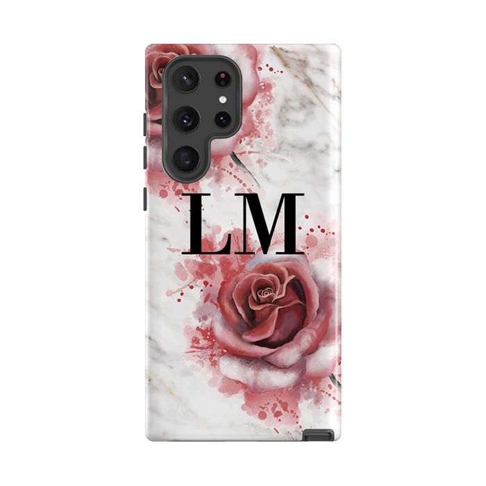 Personalised Floral Rose x White Marble Initials Samsung Galaxy S22 Ultra Case