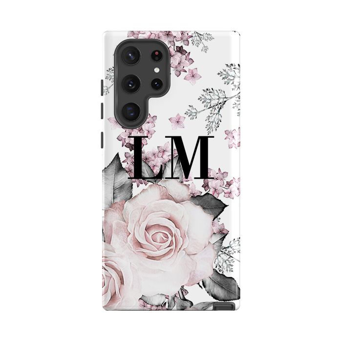 Personalised Pink Floral Rose Initials Samsung Galaxy S22 Ultra Case