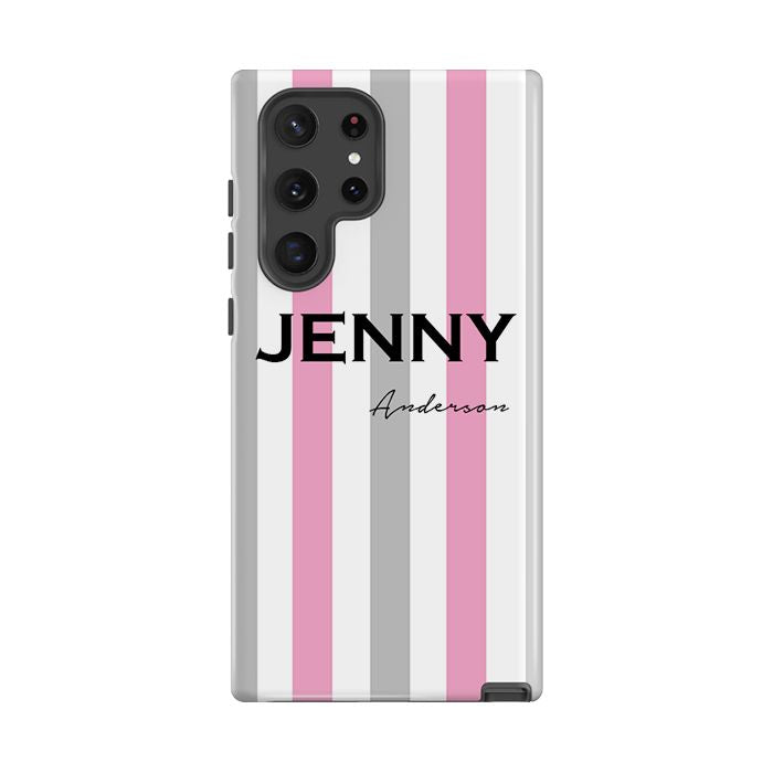 Personalised Pink x Grey Stripe Samsung Galaxy S22 Ultra Case
