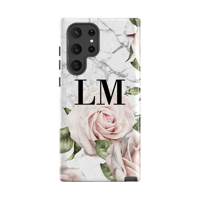 Personalised White Floral Marble Initials Samsung Galaxy S22 Ultra Case