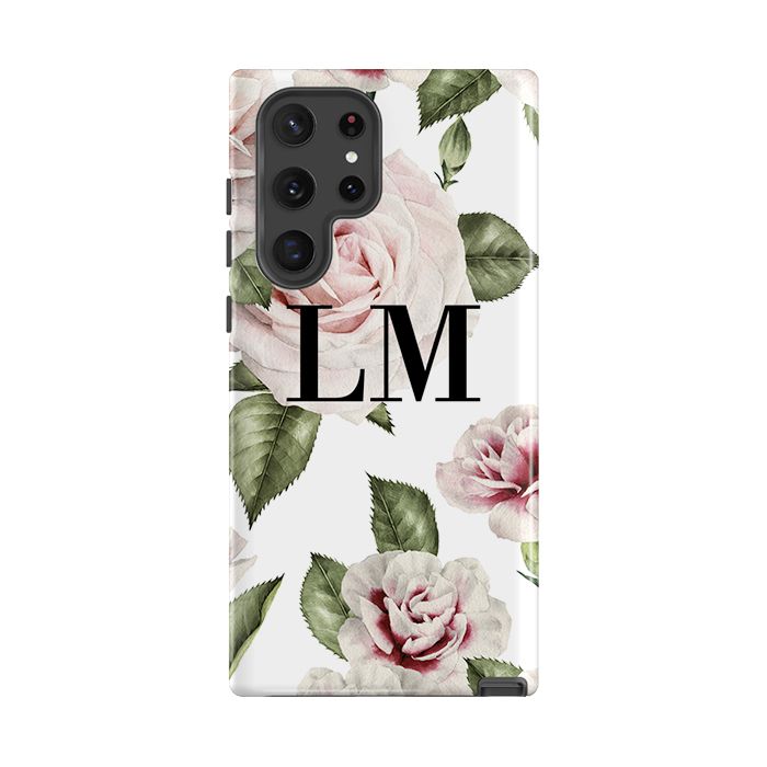 Personalised White Floral Rose Initials Samsung Galaxy S22 Ultra Case