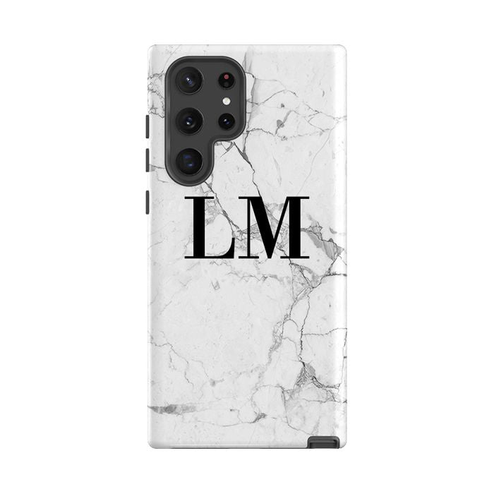 Personalised White Marble x Black Initials Samsung Galaxy S24 Case