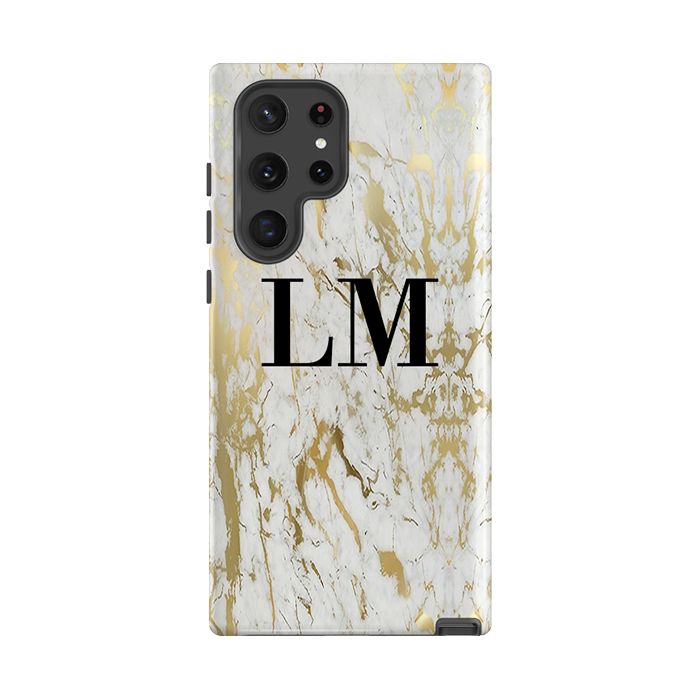 Personalised White x Gold Marble Initials Samsung Galaxy S22 Ultra Case