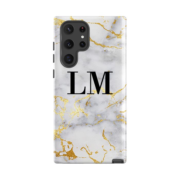 Personalised White x Gold Streaks Marble Initials Samsung Galaxy S22 Ultra Case