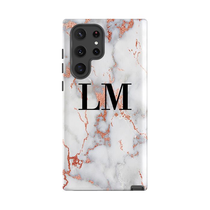 Personalised White x Rose Gold Marble Initials Samsung Galaxy S22 Ultra Case