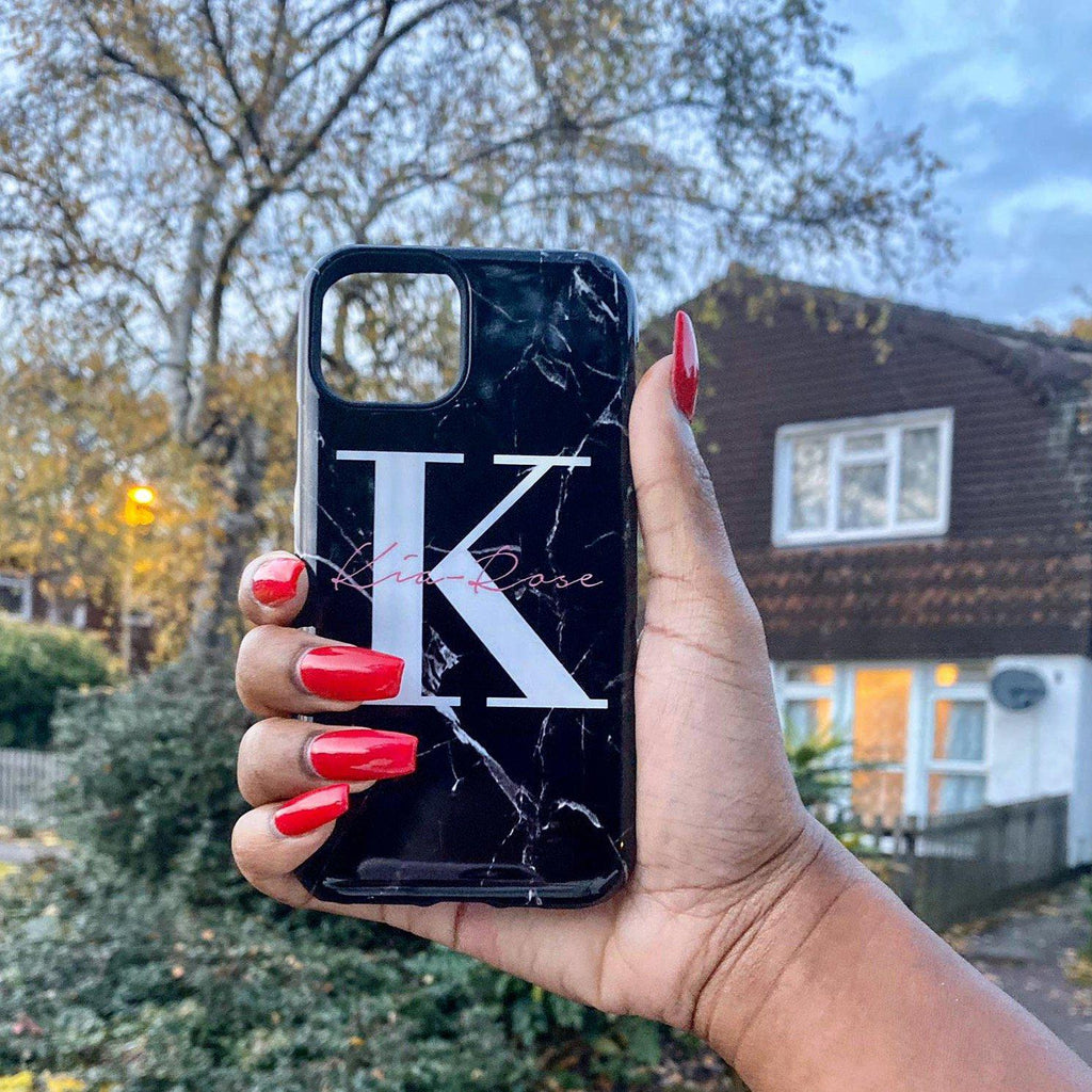 Personalised Black Marble Name Initials iPhone 14 Pro Case