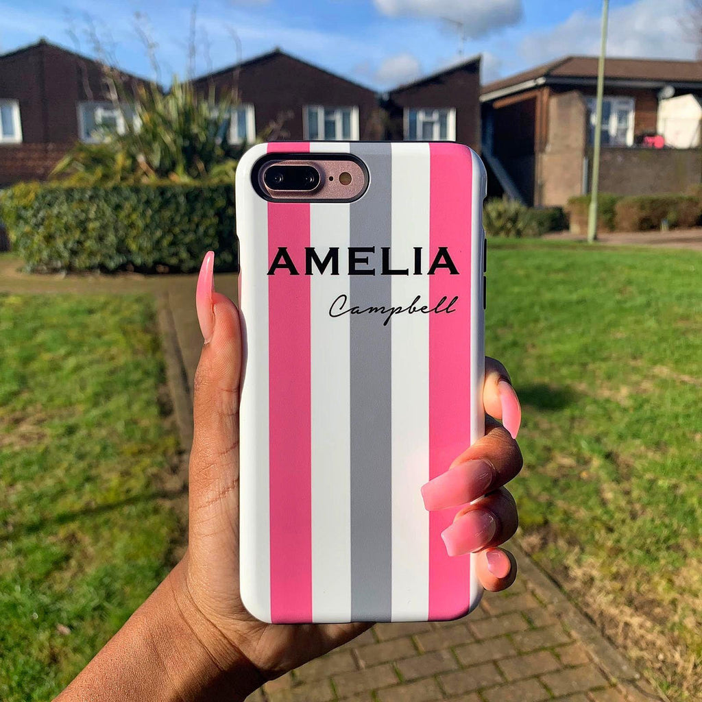 Personalised Pink x Grey Stripe iPhone XR Case