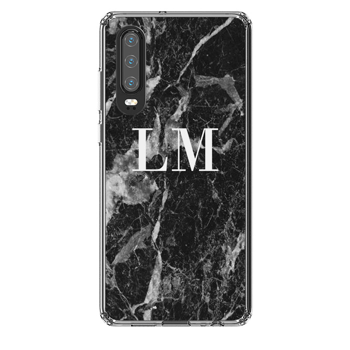 Personalised Black Stone Marble Initials Huawei P30 Case