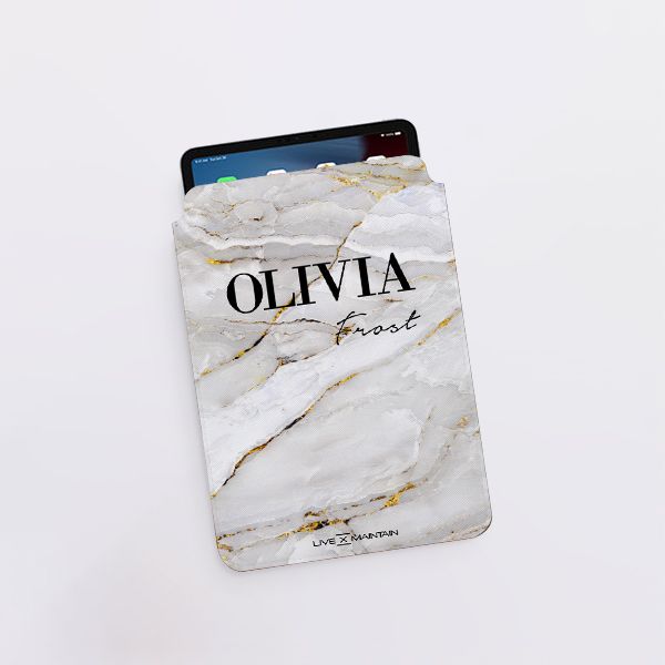 Personalised Cream Marble Name Saffiano Leather Tablet/Laptop Sleeve