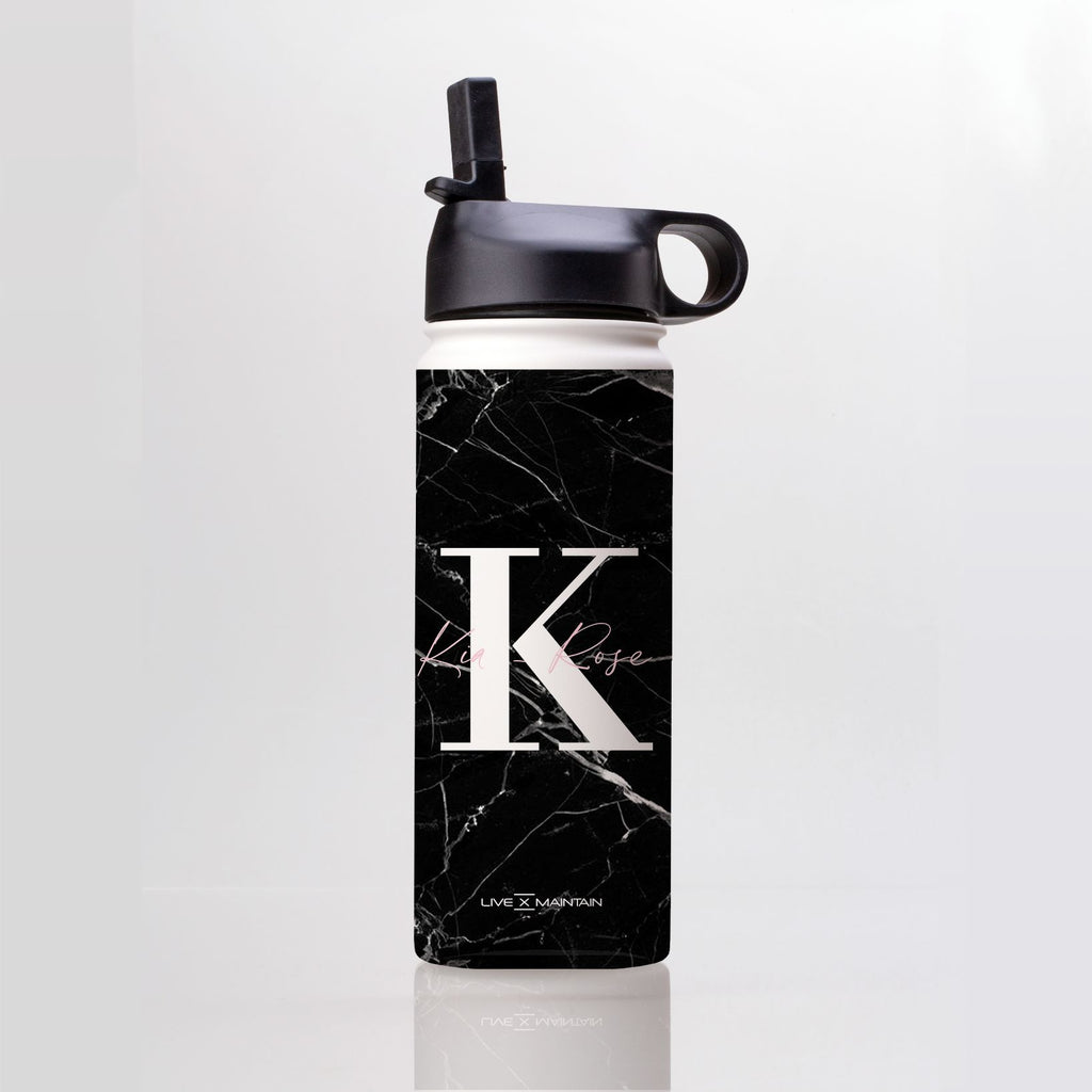 Personalised Black Marble Name Initials Stainless Steele Water Bottle