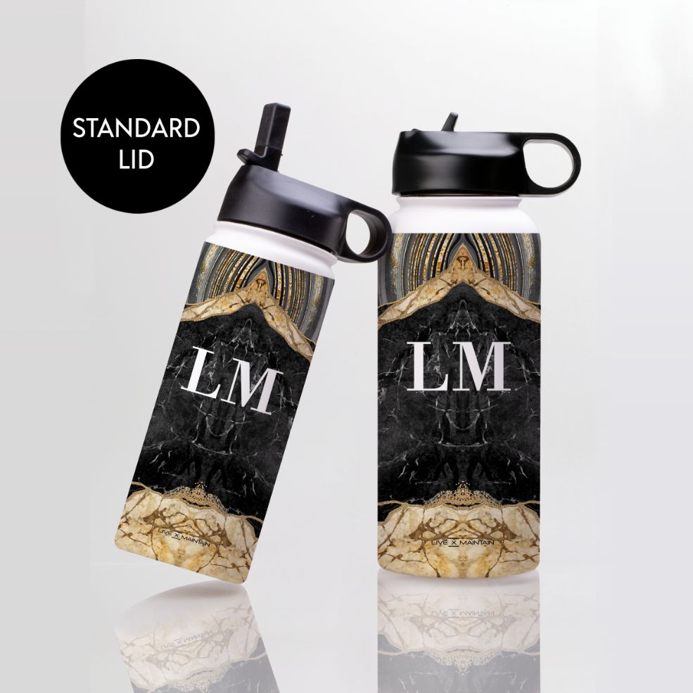 Personalised Black and Gold Marble Name Stainless Steele Water Bottle