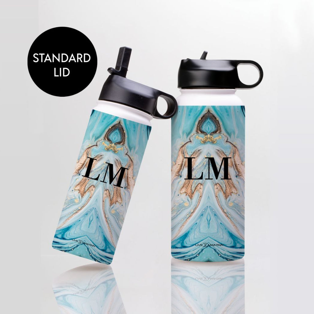 Personalised Blue Emerald Marble Initials Stainless Steele Water Bottle
