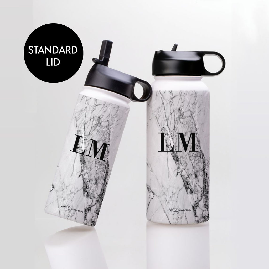 Personalised Cracked White Marble Initials Stainless Steele Water Bottle