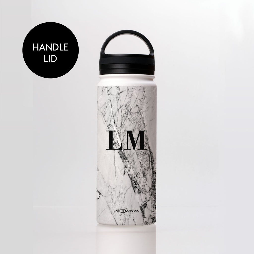 Personalised Cracked White Marble Initials Stainless Steele Water Bottle