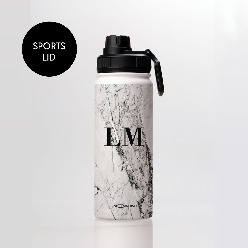 Personalised Cracked White Marble Initials Stainless Steele Water Bottle